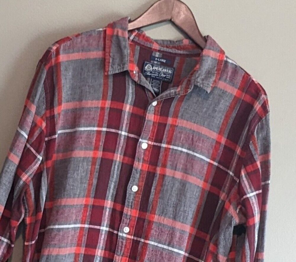 American Rag Size XL Red Plaid Linen Button Up Shirt Mens LS Extra Large